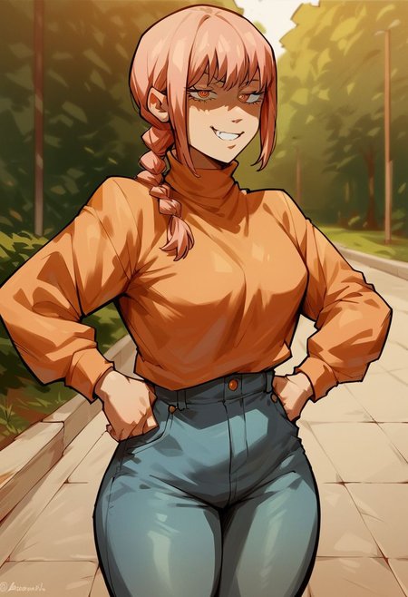 score_9, score_8_up, score_7_up, score_6_up, score_5_up, score_4_up
Nayuta (Chainsaw Man), medium breasts, sweater, tucked in, tight jeans, thick thighs, slim waist, hands on hips, half-open eyes, smug grin, 
Sidewalk Setting, Beautiful background,