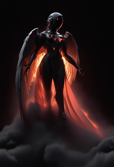 Dark luminous translucent Wings, Above the Clouds Loosing feathers, floating feathers, subsurface scattering, Capture the dystopian spectacle of female Icarus ascending too close to the sun, seen from below. Witness her wings, illuminated by the piercing light of a Blood moon, shedding feathers as they struggle against the inevitable descent. 
subsurface scattering, Angel Icarus LiS_Robot By tim burton with Large vanta black spreaded  Wings, large hooded Cape, liminal space cloud, Neon translucent Soundwaves visible on the face,
atmospheric haze, Film grain, cinematic film still, shallow depth of field, highly detailed, high budget, cinemascope, moody, epic, OverallDetail, 2000s vintage RAW photo, photorealistic, candid camera, color graded cinematic, atmospheric lighting, imperfections, natural, shallow dof