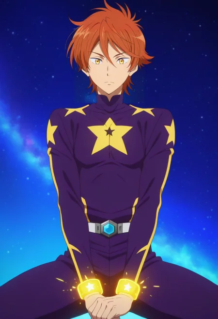 masterpiece, best quality, , anime screencap, anime coloring, official style, , 1boy, solo, male focus, <lora:momotarou_mikoshiba_ilxl:0.98>, momotarou_mikoshiba, orange hair, yellow eyes, celestial dome, star-painted walls, glowing symbols, cosmic pathways, meditating pose, enlightened expression, space ambiance,