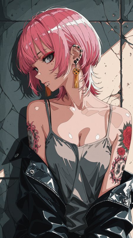masterpiece, best quality, (anime coloring), ligne claire,
solo, 1girl, short hair, wolf cut, dyed hair, pink hair, grey eyes, detailed eyes, eyeshadow under eye, tank top, spaghetti strap, grey tank top, cleavage, casual wear, full sleeve tattoo, lip piercing, ear piercing, gauged ears, urban background, grunge aesthetic, worn wall, cracked wall, simple background, soft shading, minimalist background, soft lighting, clean lineart, punk girl, looking at viewer, side profile, neutral expression