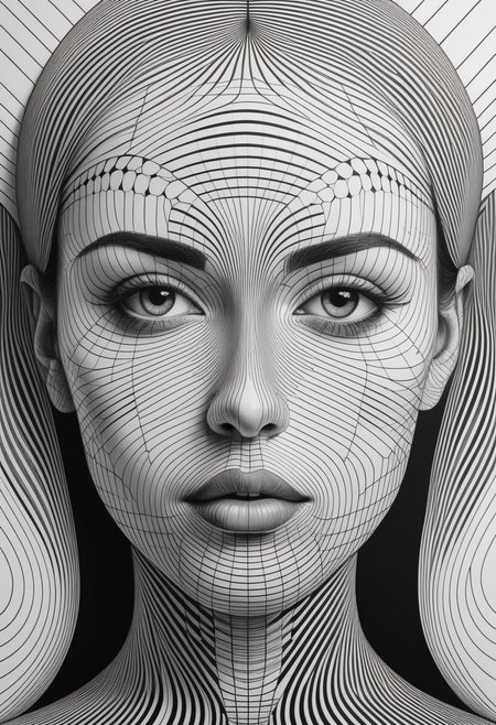 Create a striking digital illustration showcasing a face shape crafted from op art, where seamless lines of varying widths intertwine to form a mesmerizing pattern. The design is minimalist yet elegant, with each line meticulously placed to create a harmonious composition. The contrast between the intricate lines and the background enhances the visual impact of the artwork, drawing the viewer's eye to the intricate details of the op art face shape. The overall aesthetic is sleek and modern, exuding a cinematic vibe that captures attention and evokes a sense of vibrancy and depth. This artwork is perfect for adorning a poster or photograph, adding a touch of contemporary flair to any space.