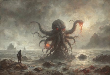 a dark foreboding scene, a colossal ancient creature emerging from the depths of the sea, the creature has a massive tentacled form with glowing red eyes casting an eerie light, a lone figure holds up a red torch standing on the rocky shore, its light barely illuminating the surroundings, The atmosphere is heavy with tension the sea crashing violently against the rocks, the creature's immense size dwarfing the solitary human, lone figure against the ancient, otherworldly beast, color palette is dark, deep blacks and greys, high contrast, <lora:MJ52:0.5>, <lora:add-detail-xl:1>, <lora:ral-ertmsphr:0.5> ral-ertmsphr, cthulhu, 
oil painting