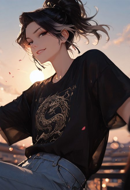 masterpiece, best quality, good quality, very aesthetic, absurdres, 
newest, 8K, depth of field, focused subject,visual storytelling,dynamic composition,
close up, stylized, scenery, bokeh,blurred background, 
Black Myth Wukong, male sun wukong, 
chinese mythology,( dynamic pose:1.3), smirking face,
upper body focus,
casual clothes, wearing luxurious jeans and luxurious black t-shirt with gothic design, expensive black watch
windblown hair, 
dramatic sky, celestial clouds, floating mountains, mythic scale, sakura petals, mystic mist, 
cinematic composition, backlighting, volumetric light, vegas city scene, symbolic environment, god-tier illustration,(sketch:1.3),