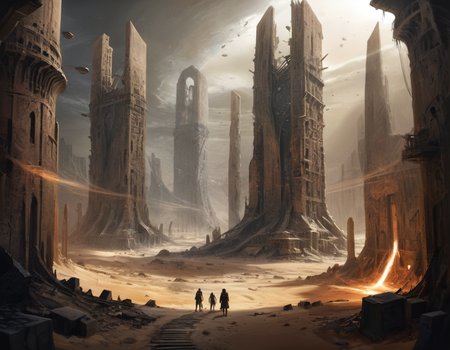 The shattered towers, their surfaces etched with ancient symbols now faded by time, whispered secrets of a forgotten civilization that had built its metropolis in the heart of a desert wasteland, only to be swallowed up by the very sands they sought to conquer, b3ks1n
