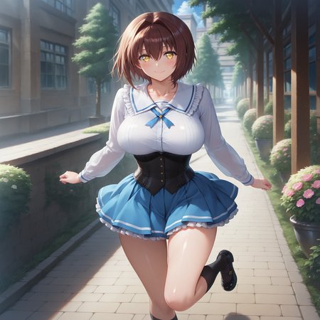 (masterpiece, best quality,solo,full body:1.4),highres,illustration,8k,Ultra_realistic,(looking at viewer,  collarbone),(shiny_eyes,sparkling_eyes,smile,:1.2),
Hotaka Miyabi,brown hair,skirt,socks,yellow eyes,black socks,shoes,hair intakes,short hair,blue skirt,black footwear,long sleeves,kneehighs,mary janes,corset,frills,shirt,pleated skirt,school uniform,hair between eyes,neck ribbon,underbust,buttons,
large breasts,bouncing breasts,outdoors,<lora:aidmaImageUpgrader-v0.3-IL:0.6>,<lora:Hotaka_Miyabi(IL):0.85>,