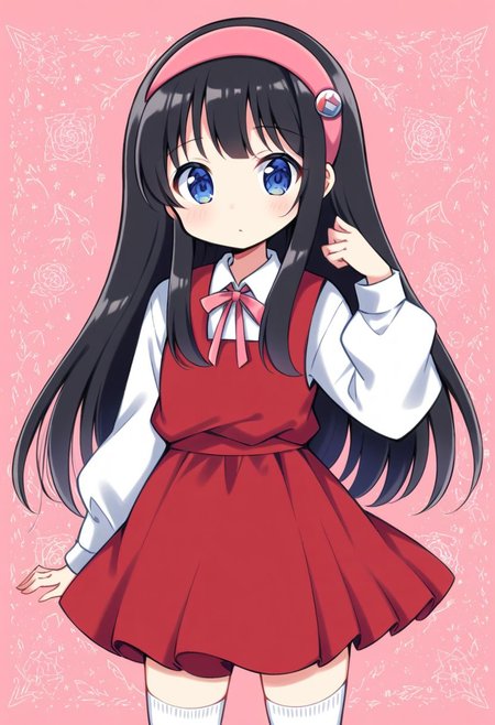 score_9, score_8_up, score_7_up, <lora:Smooth Style LoRA XL:0.4>, 1girl, solo, long hair, dress, hairband, long sleeves, socks, shirt, black hair, red hairband, white shirt, looking at viewer, white socks, red dress, pink hairband, sleeveless dress, pinafore dress, standing, ribbon, neck ribbon, kneehighs, puffy sleeves, pink dress, bow, puffy long sleeves, blue eyes, cowboy shot, closed mouth