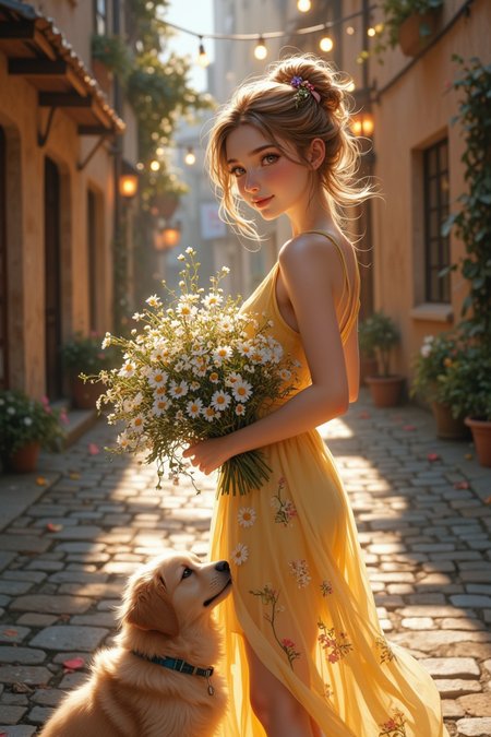 A young woman with  a playful smile stands on a quaint cobblestone street, her wavy auburn hair tied in a loose bun decorated with tiny flower ornaments and fluttering ribbons. She wears a pastel-yellow sundress with embroidered daisies and holds a giant bouquet of wildflowers, petals drifting around her. Fairy lights sway gently above her, casting a magical glow in the nighttime, while a fluffy golden retriever puppy tugs at her hem, gazing up at her adoringly. She seems like a character from a modern fairy tale, radiating charm and warmth.