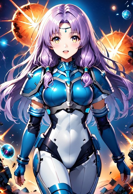 score_9, score_8_up, score_7_up, source_anime,
side walk,coverface with hands,
1girl,
NSFlorinaMain, blue breastplate, blue pauldrons, short sleeves, teal fingerless elbow gloves, circlet, parted bangs, high collar, light purple hair, long hair, low-tied sidelocks
(((mecha suit blue color))), mecha musume, headgear, armor,((Mecha blue armor)), menpo, underboob,black blue armor,
BREAK 
(dynamic perspective), sharp focus, (depth of field, bokeh:1.3), extremely detailed eyes and face, beautiful detailed eyes, black gold, trimmed gear, 
((((a massive mecha in a fierce battle with giant monsters in outer space, explosions, laser beams, debris, stars, galaxies, dark space background, dynamic action scene, bright flashes of light, intense energy, futuristic technology, epic scale, vivid colors))))