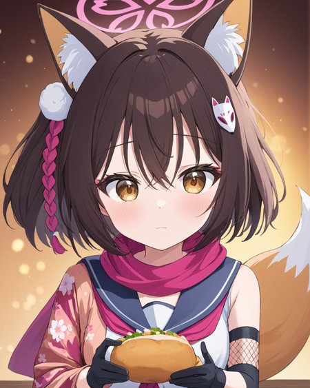 izuna \(blue archive\),1girl, halo, sweet_potato, eating, looking_at_viewer, partially_fingerless_gloves, holding_food, animal_ear_fluff, black_gloves, blush, fox_girl, solo_focus, pov, pink_scarf, sailor_collar, floral_print, pink_neckerchief, pom_pom_\(clothes\), sleeveless, kimono, pom_pom_hair_ornament, blurry_background, serafuku
<lora:izuna_(blue_archive)_image2170_2023-11-28-000008:1>halo. gorgeous,key visual, vibrant, studio anime,award-winning, professional, highly detailed,high budget, cinemascope