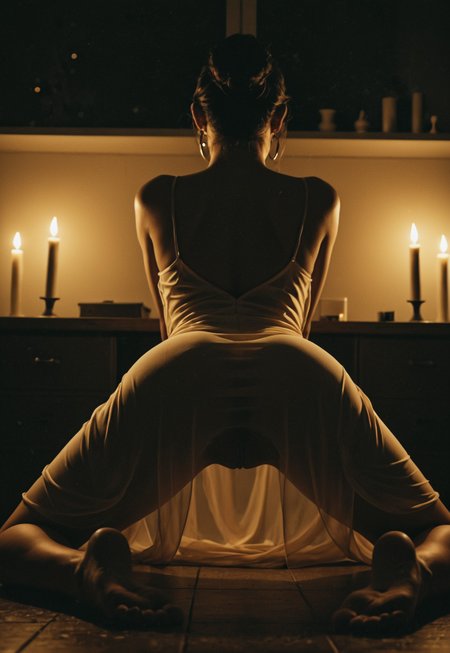  1girl, pretty girl ,  black hair, updo, earrings, curvy, wide hips, kneeling on floor, legs apart,  translucent dress, flowing dress, juicy ass, surrounded by candles,  backless dress, shoulder blade, ass focus, soles, feet, female focus, depth of field, ((dark, night)), ray tracing, highly detailed , dynamic angle, low angle 