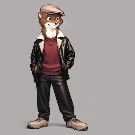 score_9, score_8_up, score_7_up, score_6_up, score_5_up, score_4_up, bedroom background, detailed fur, 
BREAK
W33kly_BS, Weekly, Anthro Weasel, Lesser Weasel, brown weasel, brown fur, white chin, white neck, white inner ear, black eyebrows, black eyes, pink nose, whiskers, tan hat, flat cap,  leather jacket, flight jacket, fleece collar, red sweater, khakis, tan shoes,
BREAK