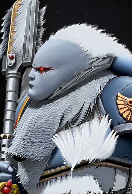 Absurdres, score_9_up, Source: Warhammer40K, Spacewolves Astartes chapter space marines wielding chainswords, gray power armor with fur trim and astartes helmets, wolf motifs, (masterpiece), best quality, expressive eyes, perfect face, 1, space marine, Painstaking Attention To Details, 1990s \(style\), Vintage, Vintage comic book cover of White Dwarf Tabletop Adventures, project unreal engine, volumetric lighting, perfect anatomy, perfect hands, detailed_eye_model, black background, graffiti, blgstyle, ImperialF40k, <lora:PeopleCountSliderLoRAv1:2.0>, <lora:756af36b-d5fa-496f-b9a1-088c62f0c527:0.7>, <lora:6f3a2b85-aa03-4ab1-9f9a-e816ad4b1121:0.7>, <lora:cf26021c-0e88-4b06-9329-8702e6590716:0.7>, <lora:_raging_flames:0.7>, <lora:warhammerAdeptus_v1:0.7>, <lora:e6084b5e-a05d-475d-8afe-925ae03a434b:2.0>, <lora:b8dcc527-1d03-4fe2-ab9e-341ce407290f:0.7>, , , ,