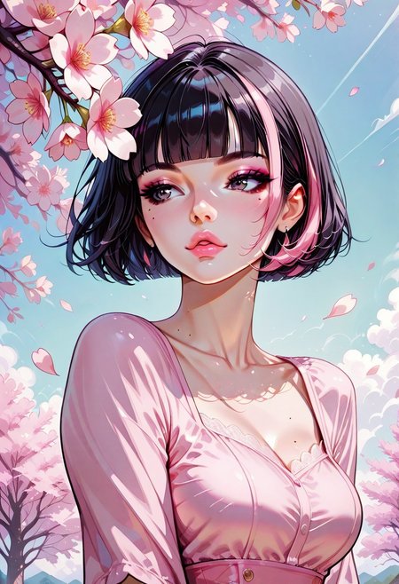 masterpiece, best quality, 32k, high resolution, absurdres, fwfm frame, Flowers, Flower Petals,  Drips, Petals, Sarah, SarahRH, short black hair, bob cut, straight hair, blunt bangs, dyed bangs (pink), (pink) streaked hair, dark eyes, cute face, beautiful lips, medium breasts, curvy, large hips, pale skin, mole under her eye, moles on her body, pink dress, cherry blossoms