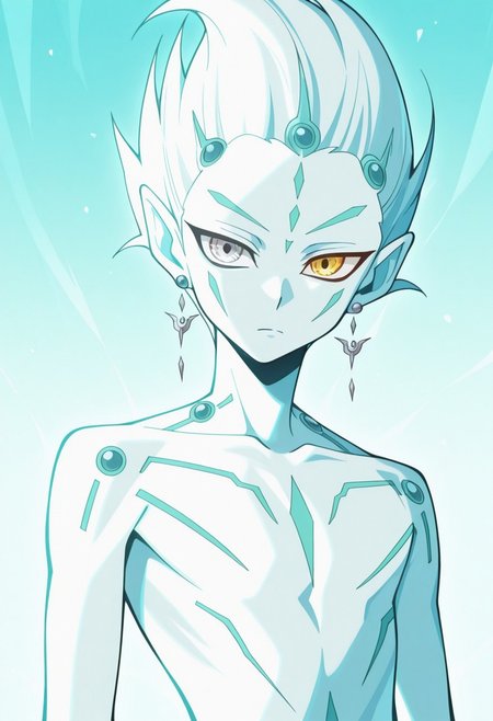 masterpiece,best quality,amazing quality, source_anime, 
astralzx, 1boy, male focus, solo, blue skin, spiked hair, pointy ears, earrings, heterocromia, grey eyes, yellow eyes, upper body, aqua theme,