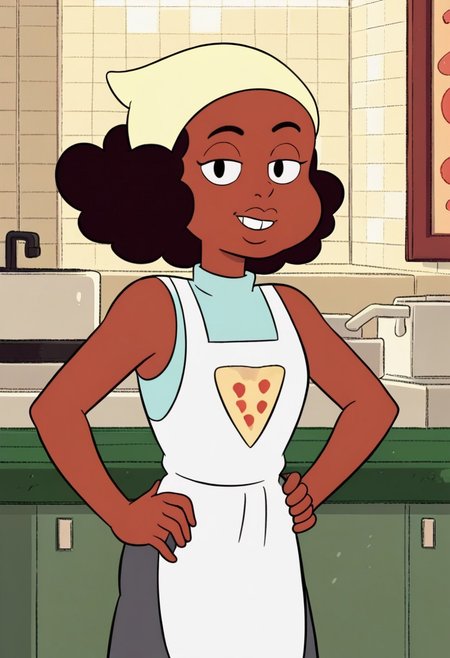 score_9, 1girl, Solo, Kiki_SU, brown skin, black eyes, dark brown hair, curly hair, beige scarf on head, black eyebrown, light cyan shirt, dark gray leggings, white apron, black shoes, looking at viewer, smile, half-closed eyes, indoors, hands on hips, retro artstyle, medium stature