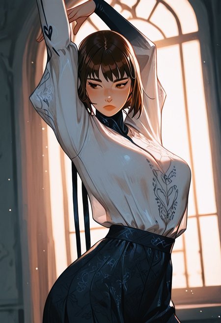 1girl, solo, brown hair, window, chiffon shirt, stretching, BREAK styling pose, fashion pose, sexy posing, dynamic angle, bloom, soft lighting,, BREAK styling pose, fashion pose, sexy pose, dynamic angle, bloom, soft lighting,  BREAK perfect details, masterpiece, best quality, ultra-detailed, best illustration, high resolution, extremely detailed CG, unity 8k wallpaper, textile shading, super detailed skin, perfect anatomy, detailed, cinematic lighting, dynamic lighting, light particles, beautiful detailed eyes, absurdres, very aesthetic, detailed background, depth of field
 <lora:OmniReal:0.86> <lora:Laaura_style:0.35> <lora:GTHAN-IL:0.7> <lora:fashiongirl-v1-ILXL:0.9> <lora:Sebi_style:0.79> <lora:PRSNL-4:0.65> <lora:Valentaine-Illustrious-000016:0.8>