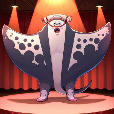 score_9, score_8_up, score_7_up, score_6_up, score_5_up, score_4_up, big man, splatoon, manta ray, dark grey and light grey body, fins, headwear, cute face, :3, dancing, performing, stage scenery, theatre background, singing, <lora:Big_Man_Splatoon_PonyXL:1> big man, no abs, no pectorals, no hands