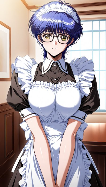 masterpiece, best quality, good quality, <lora:Kurata_arisu_IS:1>Kurata_arisu, blue hair, no glasses, short hair, large breasts,brown eyes, yokota mamoru style,
1girl, solo, maid, maid headdress, apron, short sleeves, looking at viewer, black-framed eyewear, maid apron, v arms, frown, enmaided, puffy sleeves, dress,
Western-style building in the room.