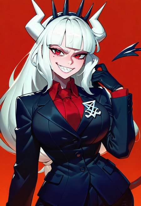 masterpiece, best quality, newest, absurdres, highres, ArcaneEyes-IL, 1girl, lucifer \(helltaker\), black suit, red necktie, black collared shirt, black gloves, blunt bangs, demon horns, demon girl, demon tail, sharp teeth, red eyes, white hair, long hair