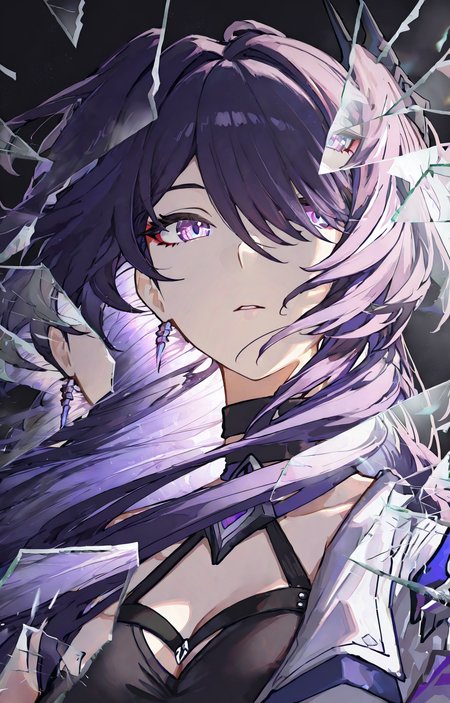 1girl,solo,acheron (honkai: star rail),long hair,(beautiful_detailed_eyes:1.1),black crop top,white flame print cropped jacket,close-up,sideways_glance,looking_at_viewer,available light,(glass shards:1.2),(broken glass:1.2),(reflection:1.5),hyperdetailed,best quality,masterpiece,cool,absurdres,cover,wallpaper,<lora:BrokenGlass_illusXL_Incrs_v1>,faux_traditional_media,(ningen mame:0.5),<lora:rafaelaaa:0.8>,