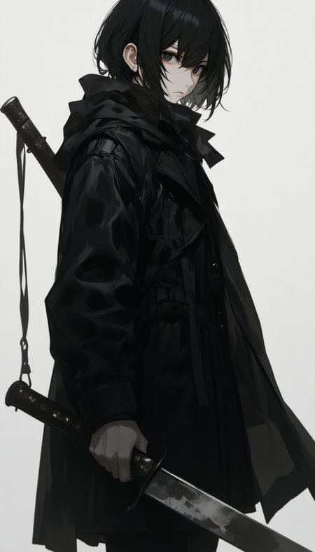 short black hair with black eyes wearing a black coat while wielding a machete in hand, age around 22 years old,