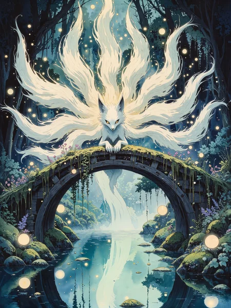 famous artwork, alcohol ink and watercolor on traditional washi paper, in a secluded, moonlit garden deep within an ancient forest and bathed in silver moonlight, a mythical silver-furred kitsune fox spirit sits regally upon a quaint wooden bridge arching over a tranquil koi pond, its presence both enchanting and enigmatic, its nine resplendent fox tails unfurl in a grand, mesmerizing display, fanning out behind it like an ethereal peacock wheel, each tail flowing like silk, shimmering with delicate strands of celestial light, and tipped with a faint, ghostly luminescence, its magical golden eyes glow intensely, casting an enchanting aura as they pierce the night. the scene is dreamlike, filled with cascading wisteria, intricately detailed herbs and wildflowers, and delicate misty fog drifting through the air, a few glowing will-oâ-wisps float gently around the kitsune, illuminating the moss-covered stones and the mirror-like koi pond beneath with their soft, mystical glow. the kitsuneâs tails dominate the composition, arranged in an elegant, symmetrical arc, their delicate, flowing texture highlighted by the contrast of moonlight and shadow, the atmosphere is surreal and enchanting, with a color palette of mint green, teal, deep indigo, ethereal blues, and soft lavender, golden accents from the kitsuneâs piercing gaze and the floating wisps create a striking contrast against the cool, dreamy hues, petals from the wisteria drift lazily through the air, caught in a soft breeze, their descent mirrored in the rippling pond, where the kitsuneâs spectral reflection appears even more otherworldly. a cinematic, painterly shot, slightly elevated angle, capturing the entire mystical landscape in breathtaking detail, intricate hand-painted textures and masterful use of light and shadow create a delicate balance between whimsy and haunting beauty, atmospheric fog softens the edges of the scenery, lending an otherworldly, timeless quality, the entire scene is rendered in handcrafted alcohol ink and watercolor, with soft, flowing brushstrokes, infused with a sense of ancient magic and mythical legends. inspired by studio ghibli, brian froud, and kay nielsen, accurate reflections, ovg, studio ghibli dark fairytale, <lora:style-dark_ghibli-flux-by_arsmachina:0.8> <lora:faetastic_details-flux-by_faeia:0.64>