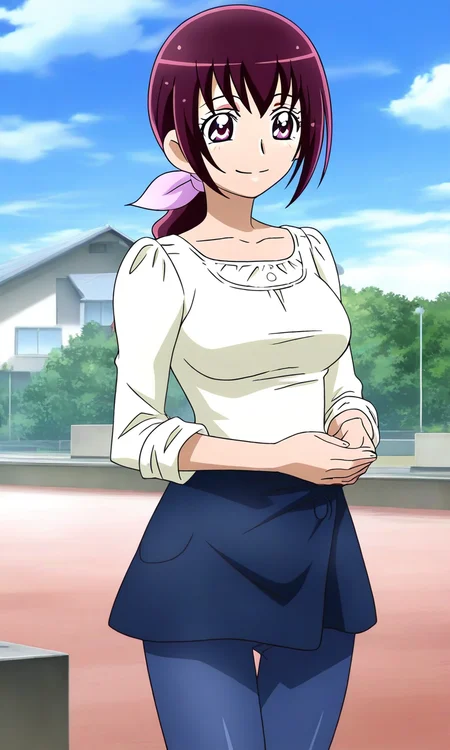 general,highres, ultra-detailed,very aesthetic,best quality ,best hands, BREAK <lora:Hoshizora_Ikuyo_Smile_Precure_IS:1>
Hoshizora_Ikuyo, 1girl, solo, large breasts, purple hair, ponytail, hair ribbon, pink ribbon, long hair, pink eyes,
 shirt, pants, blue pants,  collarbone,  long sleeves, 
smile, sleeves rolled up, 
outdoor, sky,