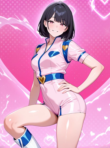 masterpiece, best quality, amazing quality, very aesthetic, absurdres, newest,shiny skin, anime screenshot,  <lora:Mikiillust:1>mikipocketsuit, 1girl, solo, black hair, boots, heart, smile, hand on hip pink_clothes