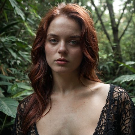 documetry photo of a red hair chubby girl in the jungle, she enveloped in a shroud-like material,appears to be merging with the air around them, holy halation on her head, detailed eyes best quality, dramatic lighting, ultra-detailed, very aesthetic, intricate details, 8k,(ultrarealistic:3), chubby, female focus, 1girl, cute, silly expression,emo, pale skin, makeup, shimmering green eyes, long eyelashes, red hair, forehead, long hair, straight hair,dramatic angle, closeup, detailed background, gesturing,open mouth, curious expression, robe, female focus, (skin texture:3), hair detail, sfw, lens distortion, sparkling, fully clothed, nonnude,jungle, volumetric light, masterpiece colorgraded, 50 mm lens, blackmagic 4k camera, f/1.2, iso 500, shutterspeed 1/20, long exposure effect
 00<lora:Synesthesia:2>