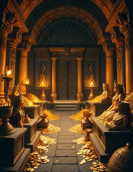 A hidden treasure chamber deep within an ancient temple, illuminated by the warm golden glow of torches and mystical blue light from enchanted crystals. The room is filled with piles of gold coins, jewel-encrusted goblets, and ancient artifacts covered in dust. Massive stone statues of forgotten deities guard the chamber, their eyes glowing faintly as if watching intruders. In the center, a grand pedestal holds a legendary artifactâan ornate golden crown encrusted with emeralds and sapphires, shimmering with an otherworldly aura. The walls are adorned with intricate carvings depicting lost civilizations, and creeping vines hint at centuries of abandonment. The atmosphere is mystical and slightly eerie, with a sense of both wonder and danger. The air is thick with the scent of aged parchment and burning incense, adding to the chamberâs ancient and mysterious feel. Cinematic lighting with dramatic shadows enhances the depth and richness of the scene, creating a visually stunning and immersive environment.
<lora:SDXLFaeTastic2400:0.4> <lora:extremely_detailed:0.4> extremely detailed,treasure ch4mb3r, <lora:treasure_ch4mb3r-i:1>, Masterpiece,best quality,hi res,8k,hi res,8k,award winning,(sharp focus, intricate, highly detailed),