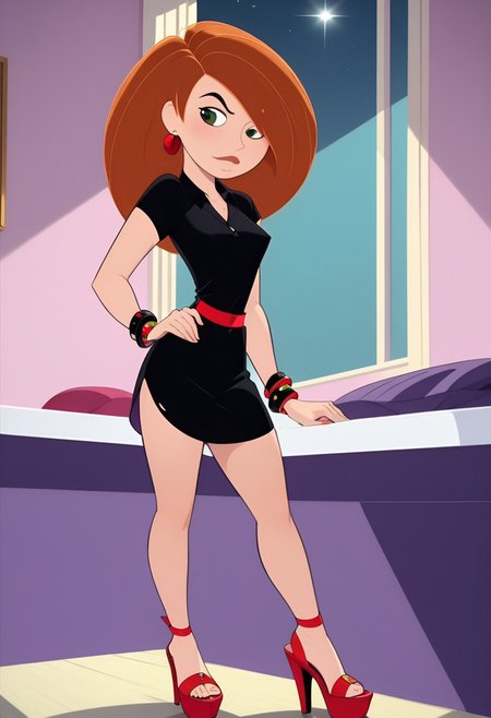 kim, 
navel, midriff, 
hair over one eye, high heels, small breasts, Black dress, red high heels, red earrings and bracelets,
solo, short, athletic, blushing, close up view down shirt, bent over, chest focus view, bedroom, 
bedroom, on bed, naughty look, grin