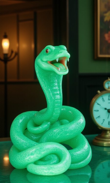 jade_snake, shebaaobao, neouv, cartoon snake made out of glowing illuminated iridescent jade ready to bite somebody on the counter of a pawn shop in New York City  <lora:jadesnakeflux-000001.safetensors:1.0> <lora:shebaobao_flux_snake_Cartoon_v2.safetensors:0.3> <lora:neouv_flux_03.safetensors:1.0>