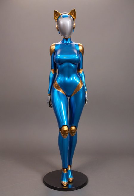 solo, A 35mm full length photo of  a beautiful 20 year old woman, she is a humanoid robot , robotic body, freckles, smooth featureless grey robotic skin, robotic aerials, metallic dark blue hair, elegant metallic blue latex bodysuit with gold trim, catlike robotic ears, jetpack, flying through the sky
TheFaceLess, mannequin, faceless, egghead