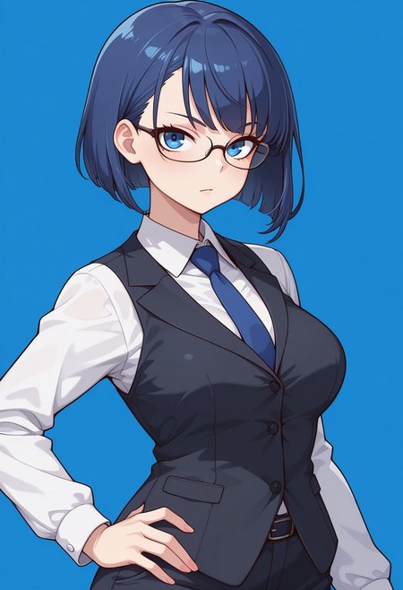 1girl,solo,cute,
elaine, medium breasts, curvy body, fair skin, blue eyes,short blue hair, bob cut, side bangs, shiny hair,business suit, vest, white shirt, necktie, gray slacks, office attire, professional wear, glasses
serious expression, confident posture, one hand on hip
looking at viewer,portrait
Simple blue background,(soft focus:1.3), 
masterpiece, amazing quality, best quality, ultra-detailed, 8K, illustration, CG, shiny hair, clear skin, ultra-detailed-eyes, eyelashes, highly detailed,