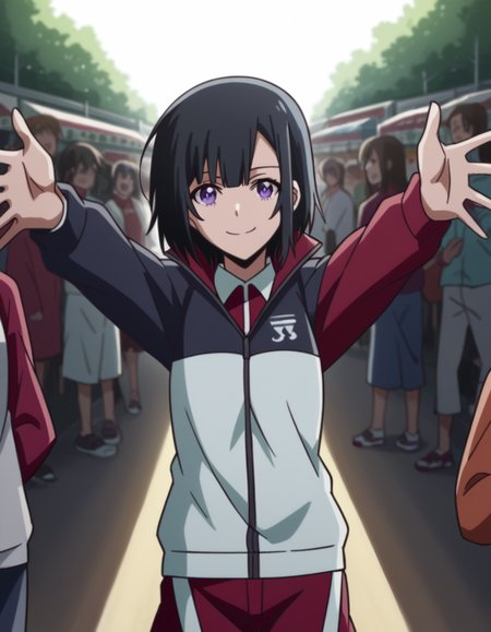 score_9, score_8_up, score_7_up, source_anime, <lora:yuika-shiwahime-s1-ponyxl-lora-nochekaiser:1>, yuika shiwahime, short hair, black hair, purple eyes,, shirt, jacket, necktie, shorts, sleeves past wrists, track jacket,, street market, vendor, street food, bustling crowd, local flavor, vibrant, smile, , on back, arm support, arms up, incoming hug, pov, reaching, reaching towards viewer,, solo,, dutch angle, cowboy shot