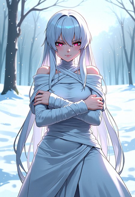 Eerie anime girl wrapped in white: A pale anime girl with long silver hair, wrapped in white bandages, one glowing red eye visible, standing in a stark white environment.Soft, Diffuse Backlighting, Gentle light from behind to create a halo effect.Extremely sharp background detail, Snowy Landscape, A quiet, snow-covered field with soft, falling snowflakes and stron adding to the ghostly, serene atmosphere.Standing with arms wrapped around herself, The character stands, hugging herself gently with a melancholic expression.
