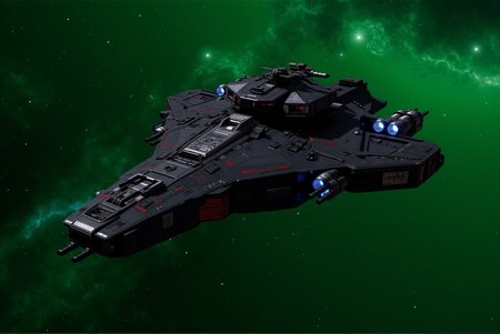 <lora:SpaceCraft_v.1:0.8> SPCCRFT style. A sleek and formidable futuristic warship, designed with a stealthy, angular profile and a heavily armored dark metallic hull, accented by subtle red and white lights that enhance its tactical presence in deep space. The ship's design reflects advanced military engineering, featuring a low-profile structure optimized for both speed and defense, with precision-crafted paneling, reinforced plating, and intricate mechanical details that emphasize its durability and cutting-edge technology. The forward section of the vessel houses an array of high-caliber turrets and precision laser cannons, positioned strategically along the edges for maximum field coverage. The sleek, aerodynamic contours suggest enhanced maneuverability, while integrated sensor arrays and communication modules provide superior situational awareness and targeting capabilities. The central command deck is fortified within layers of protective armor, featuring a raised, heavily shielded bridge with panoramic observation windows and embedded sensor clusters. Red illuminated markings and operational indicators pulse along the ship's surface, suggesting an active state of readiness. Various access hatches and maintenance ports are strategically placed, hinting at modular adaptability for long-duration missions. The rear section features powerful propulsion systems with thrusters encased in reinforced casings, radiating a soft blue glow that contrasts with the dark expanse of space. These engines suggest advanced warp or sublight travel capabilities, ensuring both swift tactical deployment and endurance in prolonged engagements. The backdrop of a vibrant green-hued nebula and scattered stars provides a stunning contrast to the warshipâs dark, mechanical aesthetic, emphasizing its menacing silhouette against the cosmic void. The ship's strategic lighting and intricate surface details create a striking interplay of highlights and shadows, enhancing the sense of realism and scale. Rendered with meticulous detail and a gritty, hard sci-fi aesthetic, this image captures the essence of deep-space military power, conveying an imposing presence and a sense of readiness for high-stakes operations in the vast unknown.