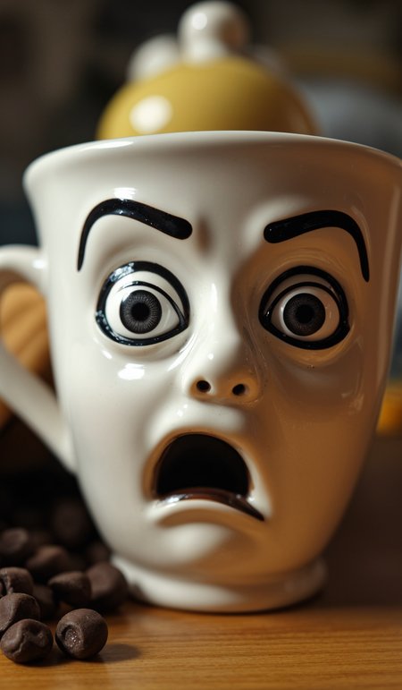 closeup photo of a ceramic coffee cup with an interesting face on it. unique perspective. [shocked expression]