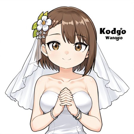 1girl, touyama nao, by kodoto, asymmetrical bangs, bracelet, breasts, brown eyes, brown hair, character name, collarbone, dress, fingers together, flower, hair flower, hair ornament, jewelry, light smile, looking at viewer, medium breasts, own hands together, solo, upper body, voice actor, wedding dress, white dress