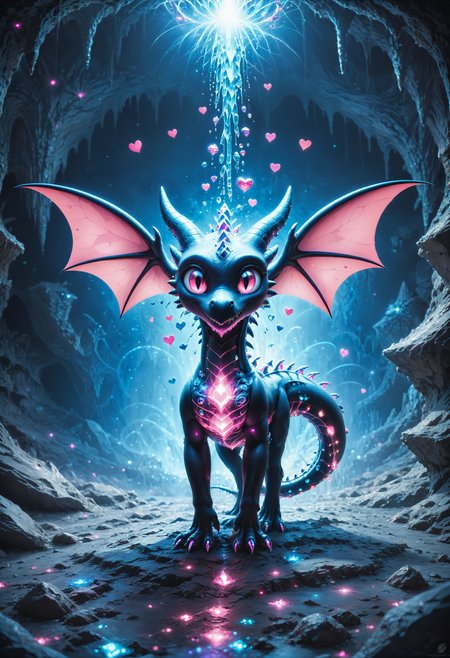 score_9,score_8_up,score_7_up, sorce_real, 8k, hd, a cute creature, mixed of a black dragon and a bat, cute and mischievous, black skin, purple details, neon colored glowing particles in the creatures black skin, black skin with neon pink bioluminescence, cinematic light, looking at viewer, dark, nigh, mysterious atmosphere, floating hearts, flies through a dark stalactite cave at night, bioluminescent icicles on the walls, everything is shrouded in darkness.  <lora:SDXLFaeTastic2400:0.5>, cave by Jed-Cosmos  <lora:Jed-Cosmos-sdxl:1>  <lora:ral-swarcrystl-sdxl:0.8> multicolored gemstones made of ral-swarcrystl