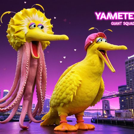 neonpunk style Bigbird1024, a giant yellow bird and a giant squid, text ''Yamete!", pink background, hearts <lora:Bigbird1024-000255:0.7>  . cyberpunk, vaporwave, neon, vibes, vibrant, stunningly beautiful, crisp, detailed, sleek, ultramodern, magenta highlights, dark purple shadows, high contrast, cinematic, ultra detailed, intricate, professional