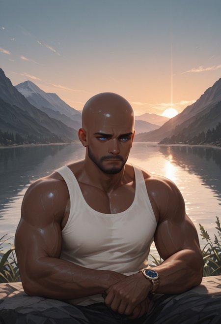masterpiece, best quality, amazing quality, absurdres, newest, detailed background, definition so sharp, Ultra-HD, 8K cinematic, very awa, impressionate, amazing quality, highres, 
1boy, mbti_estj, muscular man, mature man, bald, dark skin, facial hair, blue eyes, watch, solo, lakeside, golden hour, gentle breeze, calm water, serene, natural light, soft glow, contemplating, looking at view, relaxed posture, earth tones, tranquil atmosphere, high quality, aesthetic, landscape