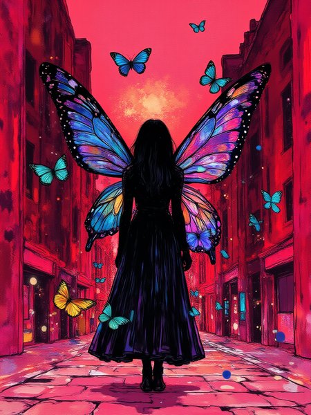 An illustrated image of a woman walking on an ancient cobblestone street, with holographic butterflies fluttering around her. <lora:InkEdgeMono-Complex_Epoch-08:1.1> 1NK3D63-M0N-C0M,  
<lora:inkedgemono-simple_epoch-08:0.6> 1NK3D63SIM, 
background is cherry blossom pink <lora:Midjourney_Whisper_AgateX_v1:0.8>, border is crimson red
 <lora:Midjourney_Whisper_Minimal:0.8>
| no deformed hands, no too many limbs, no too many fingers,