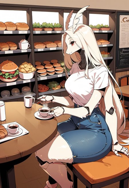 score_9, score_8_up, score_7_up, score_6_up, very long hair, portrait, thick thighs, thigh gap,
mogal, furry, monster girl, 
detailed background, cafe 
extra arms, arthropode girl, 
shop, causal clothes, jeans and shirt,
birds eye view, 
side view, 
cup of coffee, cozy, sitting at a table