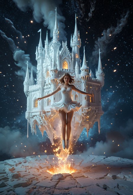 A surreal 50mm  image in a WhiteMold style, looks 3D printed in a wonderful aesthetic white, a Castle set in A grand celestial palace floating among the stars, a dynamic jumping pose and an determined expression. The scene is illuminated by dramatic neon highlights, enhancing the epic atmosphere. Ash falling like snow from a distant fire. Uncompromising detail with high-fidelity textures, cinematic depth, and a mesmerizing 8K finish. Every feature is carefully sculpted, preserving the soul of the subject in exquisite resolution., <lora:add-detail-xl:0.5>,  <lora:xl_more_art-full_v1:0.8>, <lora:3DPrintingXL:1>,