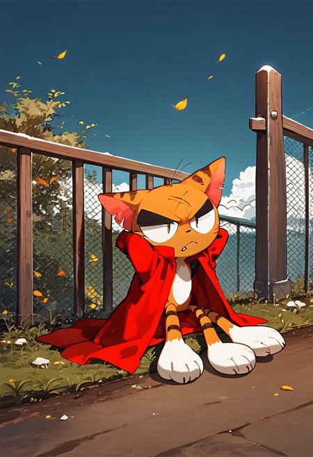 matatabi_ckc, solo, furry male, furry, looking away, orange fur, red cape, eyepatch, male, cat, scar, bored, narrowed eyes, half closed eyes, closed mouth, arms behind head, looking at viewer, sitting, next to fence, fangs, 1 eye, eye, backward, fence, (((score_9, score_8, score_7, high quality, high detail, detailed face, good anatomy, full body)))
