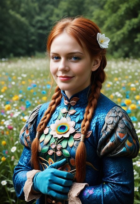 (Peacock:2), (close up:1.8), (anatomically correct:1.7), photo, photo_realistic, 1girl, mature_woman, European, 27 years old, parted_lips, choker, gentle smile, sultry, serious stare, stern look, eye shadow, makeup, milf, mature female, realistic, hands out of view, red lipstick, makeup, thick lips, tall, natural eyes, high neck closure, solo, high turtle neck, (hands hidden:1.7), short puffy sleeves, closed mouth, (fully dressed:2), Victorian dress, (flower hill:1.6), scenery, (outdoors:1.2), nbn-freyja, (orange:1.4), freyja, auburn hair, braided hair, magic, forest, viking queen, mythic beauty, feathered cloak, fur, armor, robe, rune jewelry, photorealistic, cinematic, flowers, jewelery, photorealism, cinematic lighting, high fantasy, mythic portraiture, northern folklore aesthetic, (blue gloves:2), Carlotta, long hair, gloves, white dress, blue eyes, grey hair, red jacket, (fist), (fingers hidden:2), mukuro.