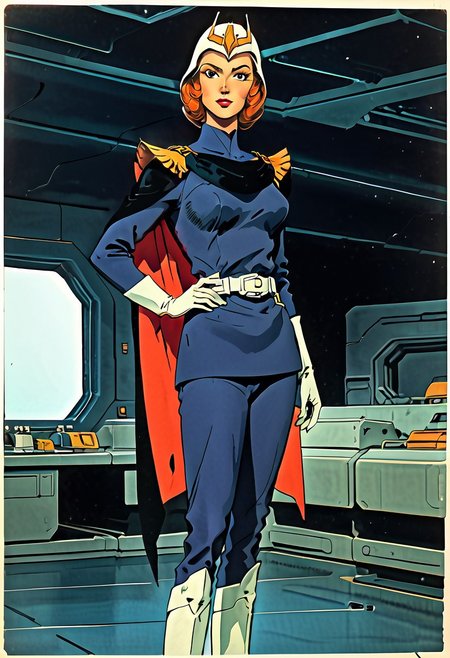FGKycilia, 1girl, orange hair, no ears, black eyes, lipstick, solo, looking at viewer, military uniform, long sleeves, belt, cape, white gloves, pants, knee boots, helmet, sword on hip, spaceship interior,