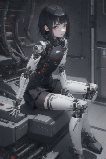 1girl, sanakan, safeguard, silicon life, best quality, (highly detailed face:1.5), small breasts, short  dark hair, thin lips,  emotionless, (full body:1.2), (mechanical parts, cables:1.2),  short  dark skirt, dark vest, white legs, white hands, white skin, sitting