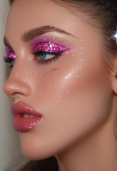 score_9, score_8_up, score_7_up, profile, side view, portrait, 1girl, face focused, neck, shoulders, art face, Kandinsky, teefs44, bignoselady, large nose, aquiline, ladyburns, sideburns, very big lips, makeup, (glitter face), very milky skin, parted lips, teeth, open eyes, big eyes, dark hair, iridescent eyeshadow, glitter, mole, very moist mouth, face covered in sparkles 